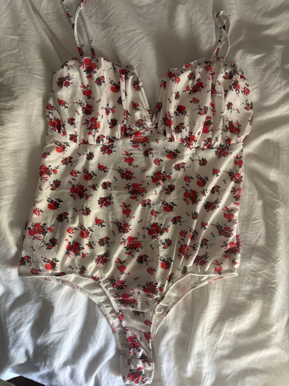 Floral Frilled Trim Spaghetti Straps Bodysuit
